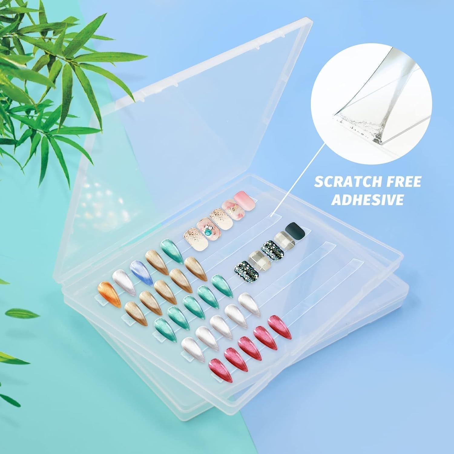 Cutie de depozitare pentru unghii artificiale cu 2 bucăți de bandă adezivă dublu adezivă de 30 cm, cutie transparentă dreptunghiulară, cutii de ambalare din plastic, recipient pentru vârfuri de unghii, unghii artificiale, 21,8 x 15,5 cm