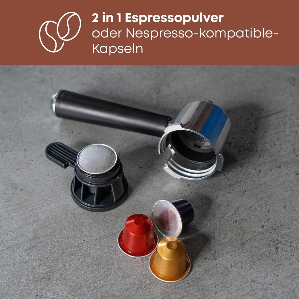 Espressor ProfiCook® 2 în 1 | pentru cafea măcinată și capsule compatibile Nespresso | portfiltru | 20 bar | sistem de lapte pentru latte și cappuccino | portfiltru pentru espresso | PC-ES 1266