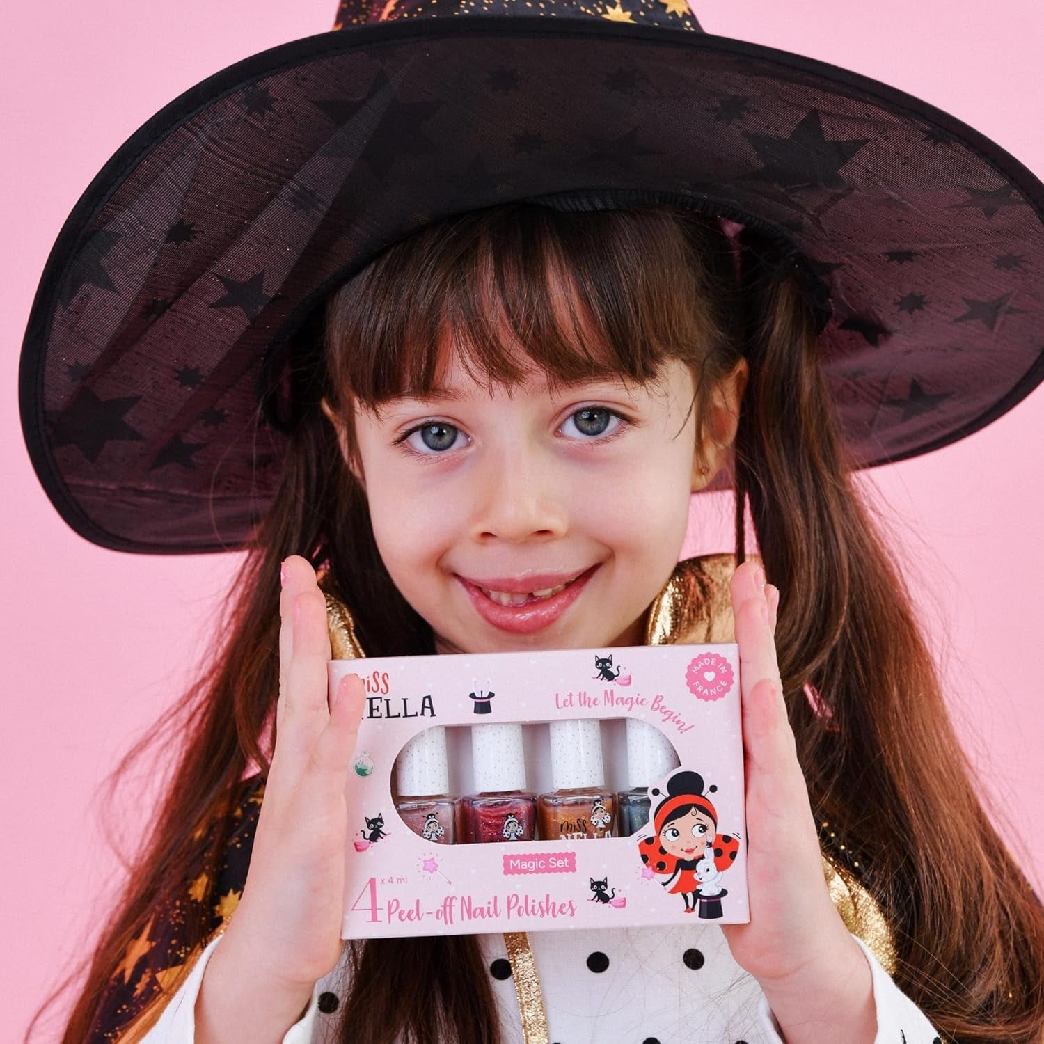 Set de ojă cu sclipici Miss Nella Magic Collection, 4 piese: roz, roșu, auriu și albastru, ojă detașabilă specială pentru copii, non-toxică, pe bază de apă și inodoră