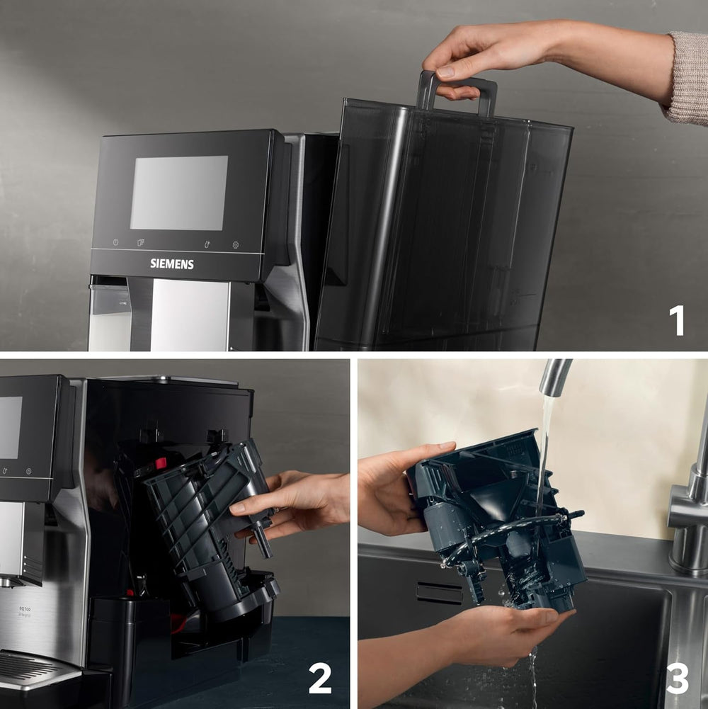 Espressor automat integral Siemens EQ700, ecran TFT color mare, 36 de băuturi calde și reci, cold brew, funcție 2 căni, control prin aplicație, sistem automat de curățare, oțel inoxidabil negru, TQ717D03