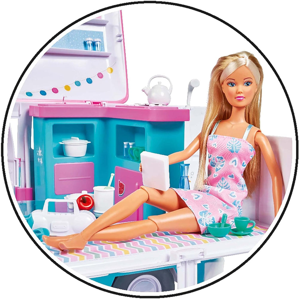Simba Steffi Love Hawaii Camper / Puppe mit aufklappbarem Camper / inkl. Küche / Sitzecke / Bett / Tisch und viel Zubehör / L:51cm / 29cm / Für Kinder ab 3 Jahren geeignet, 105733523