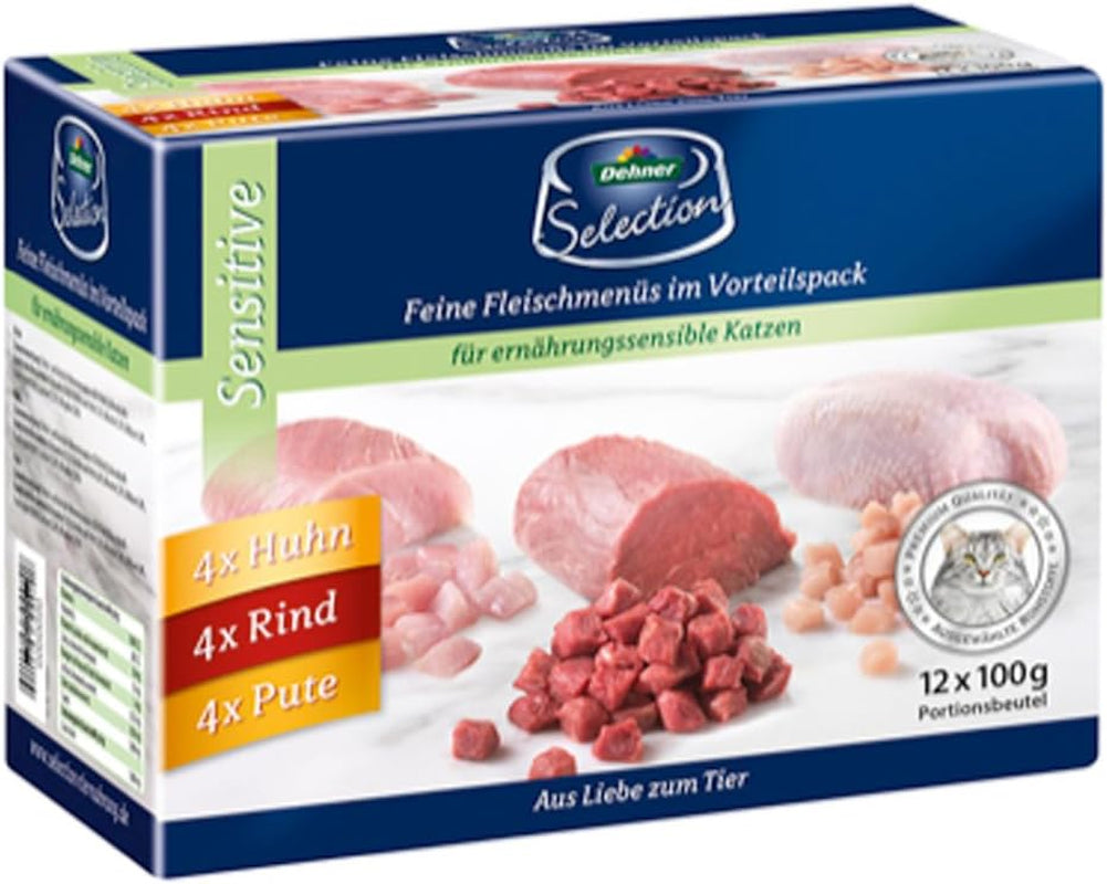 Dehner Premium Katzenfutter Sensitive Multipack, Nassfutter, für ernährungssensible Katzen, je 4 x Huhn / Rind / Pute, 12 x 100 g Beutel (1.2 kg)