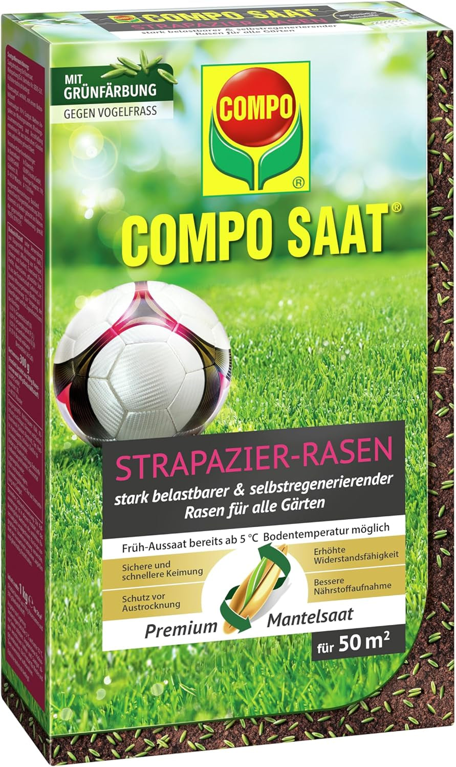 COMPO SAAT Strapazier-Rasen - Regenerationsstarker Strapazierrasen - Hochwertige Saatgutmischung Mit Premium-Mantelsaat - 2 Kg Für 100 M²