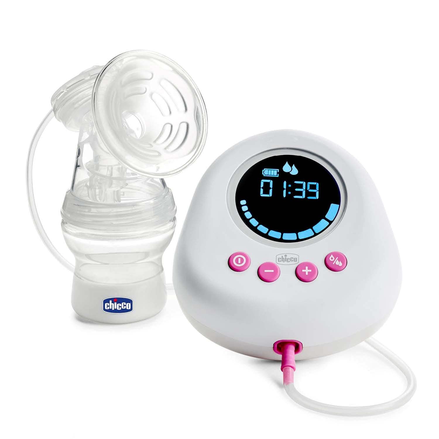 Pompă electrică pentru sân Chicco cu faze de stimulare și extracție, 10 niveluri de intensitate, confortabilă și rapidă, formă ergonomică, cu tetina înclinată și capac etanș, alb, 150 ml Accesorii Hrana si Alaptare Bebe Naty Shop