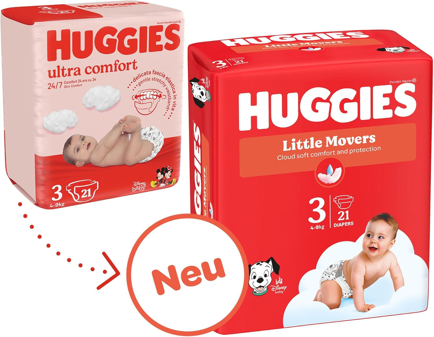 Scutece Huggies pentru bebeluși Little Movers, design Disney, mărimea 3, 168 bucăți (3 x 56), cutie lunară