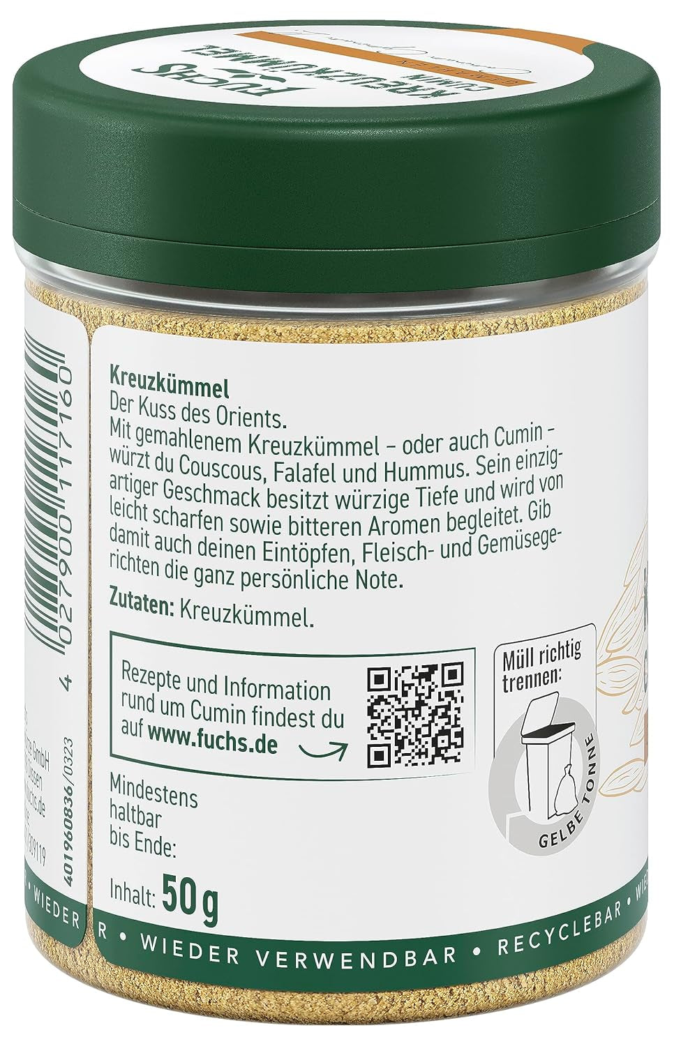Fuchs Gewürze - Kreuzümmel gemahlen - zum Würzen von Couscous, Hummus und Falafel - natürliche Zutaten - 50 g in wiederverwendbarer, recyclebarer Dose