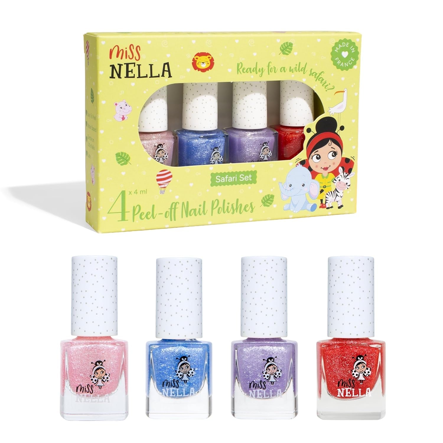 Set de ojă cu sclipici Miss Nella Magic Collection, 4 piese: roz, roșu, auriu și albastru, ojă detașabilă specială pentru copii, non-toxică, pe bază de apă și inodoră