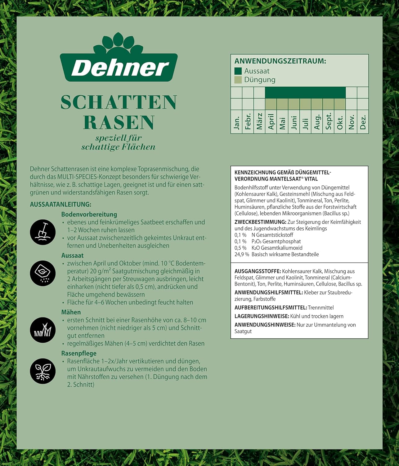 Dehner Saatgut Schattenrasen, Hochwertige Rasensamen Schnell Keimend/Selbstregenerierend, Ideal Für Schattige/Halbschattige Flächen, Fsc-Zertifizierte Verpackung, 1.25 Kg Für Ca. 50 M²