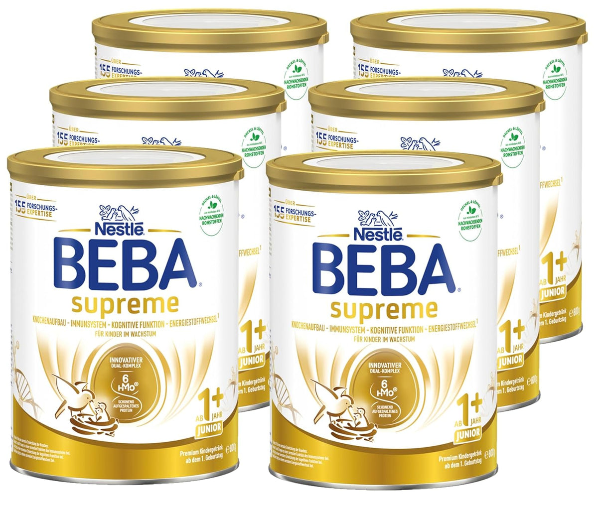 BEBA SUPREME JUNIOR 1 Plus - Băutură pentru copii de la 1 an, cu complex 6 HMO, fără lactoză, fără ulei de palmier, fără ulei de pește, hrană pentru copii mici, lapte praf pentru bebeluși, pachet de 6 (6 x 800g)