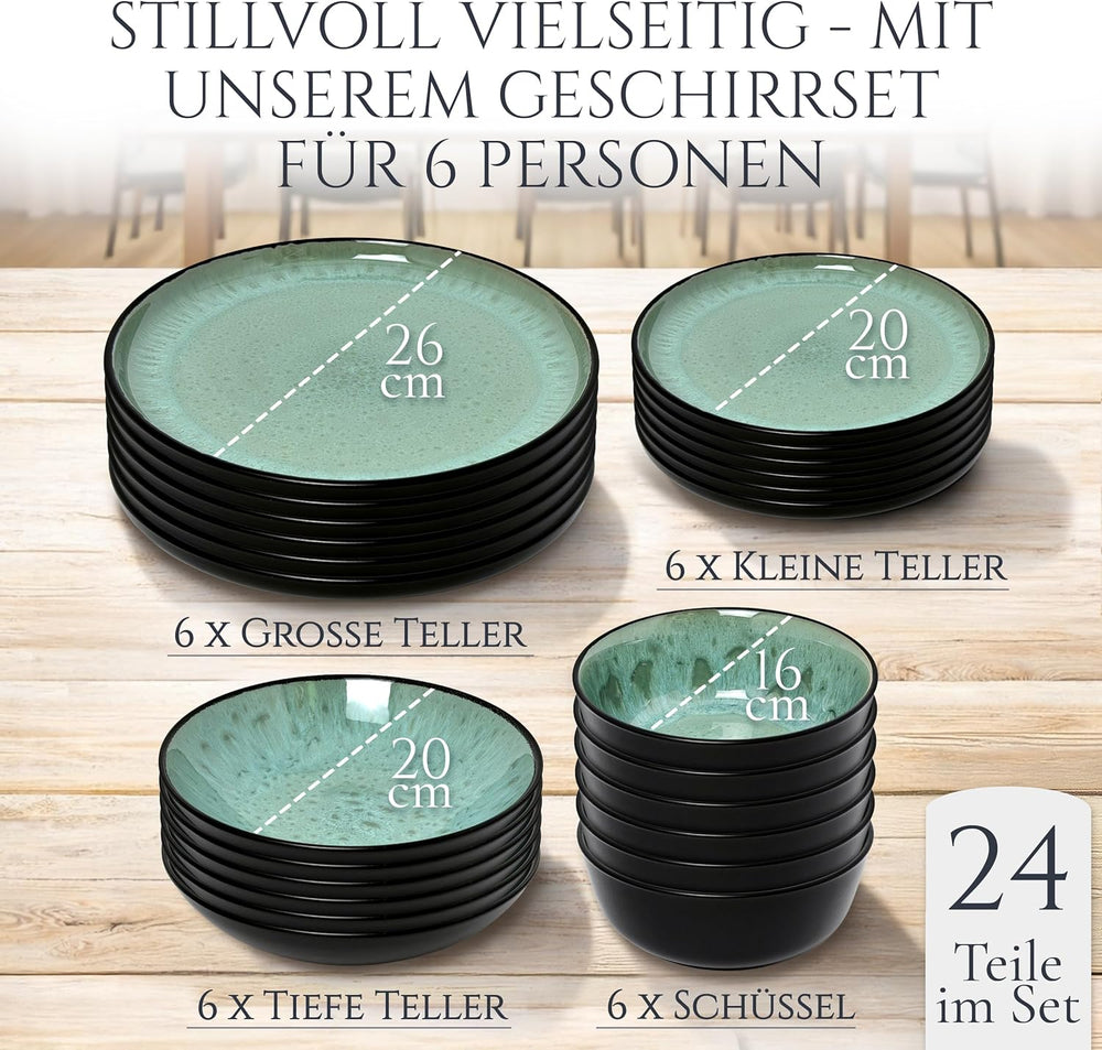 Set de veselă din gresie ceramică, format din 24 de piese, pentru 6 persoane, design Ibiza, CÂȘTIGĂTOR AL TESTULUI. Un set de veselă mediteraneană superb, inclusiv boluri și farfurii. Set de veselă Pure Living, verde salvie.