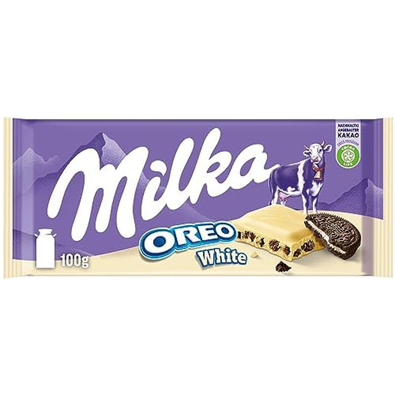 Sandwich Milka Oreo – Ciocolată cu lapte alpină, umplută cu bucățele crocante de biscuiți Oreo și cremă fină de vanilie – 92g