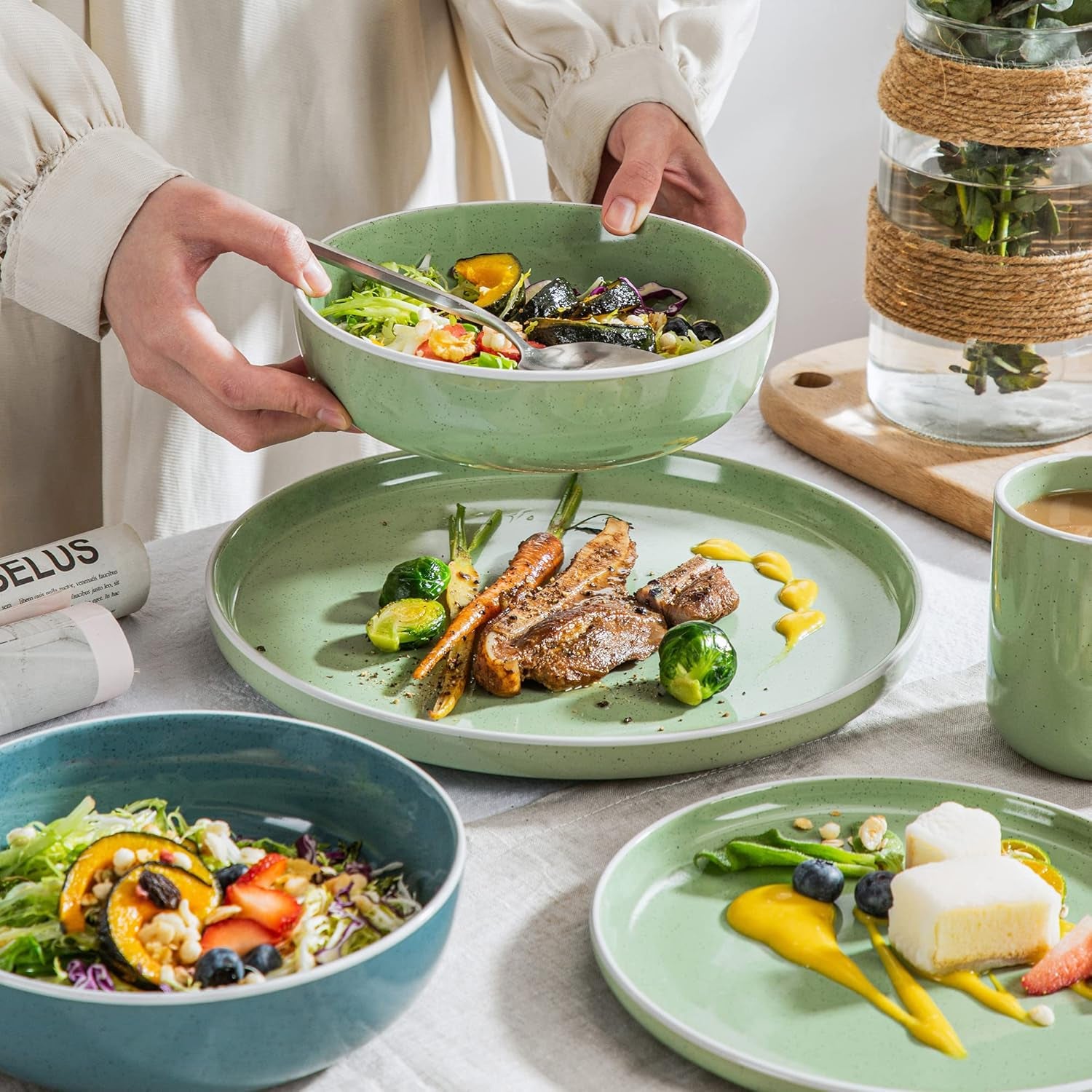 vancasso SESAM Serie Steingut Geschirrset für 12 Personen, 48 teiliges Kombiservice – Tafelservice mit Speisetellern, Desserttellern, Müslischalen und Kaffeetassen, skandinavisches Design