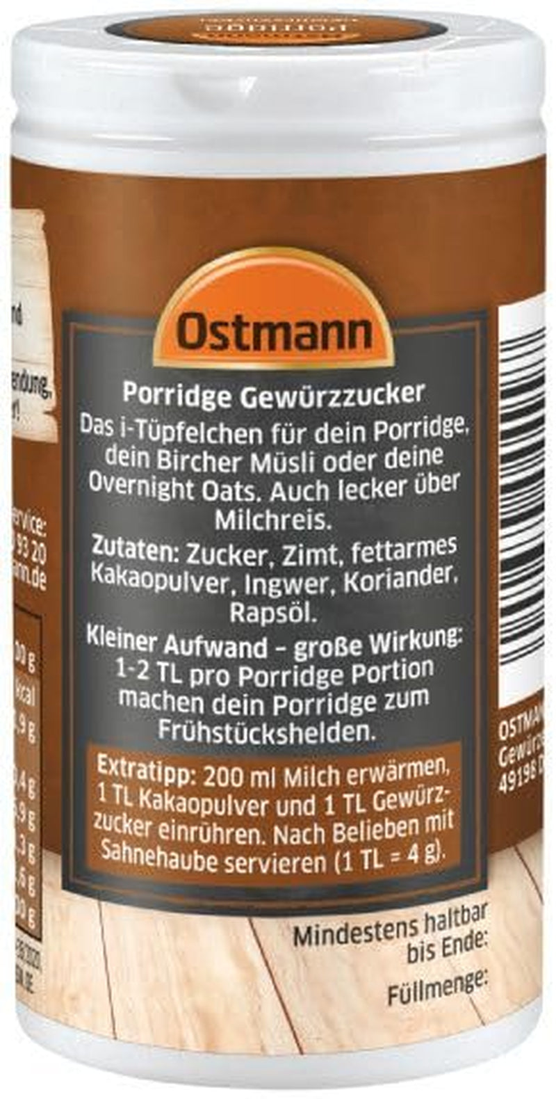 Condimente Ostmann – Zahăr condimentat pentru terci, amestec aromatic cu scorțișoară și cacao, pentru asezonarea fulgilor de ovăz, budincii de orez și a altor specialități dulci, vegan, 60 g (designul ambalajului poate varia)