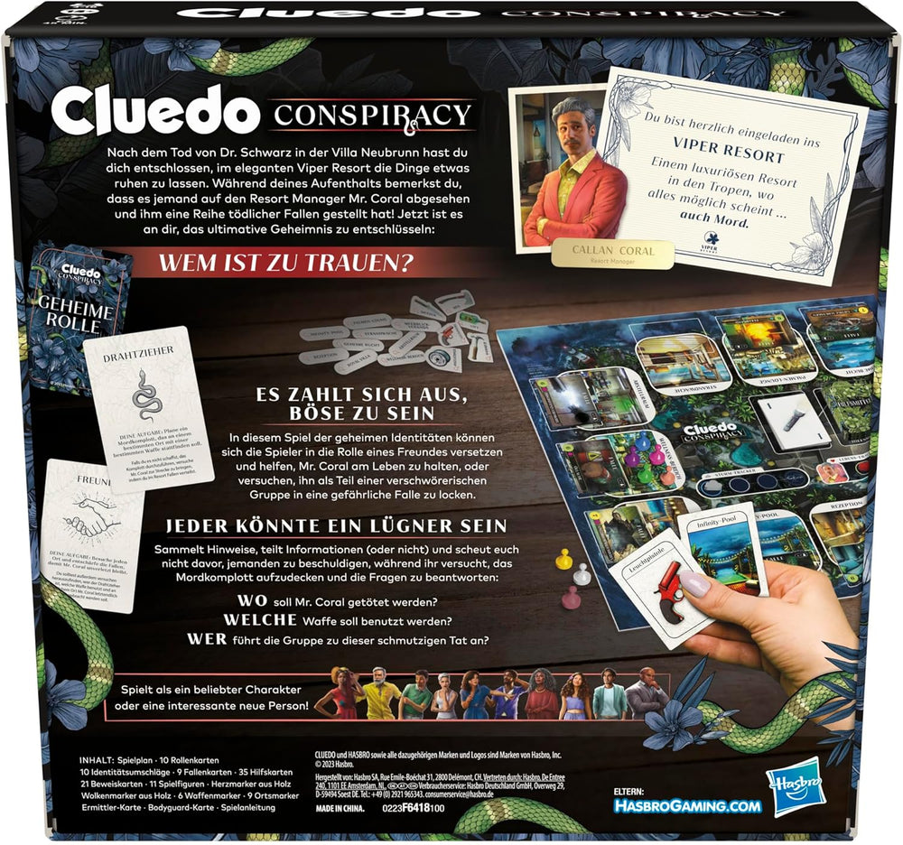 Joc de societate Cluedo Conspiracy de la Hasbro Gaming pentru adulți și adolescenți, versiunea germană a jocului de mister, pentru 4-10 jucători și cu vârsta de 14 ani și peste
