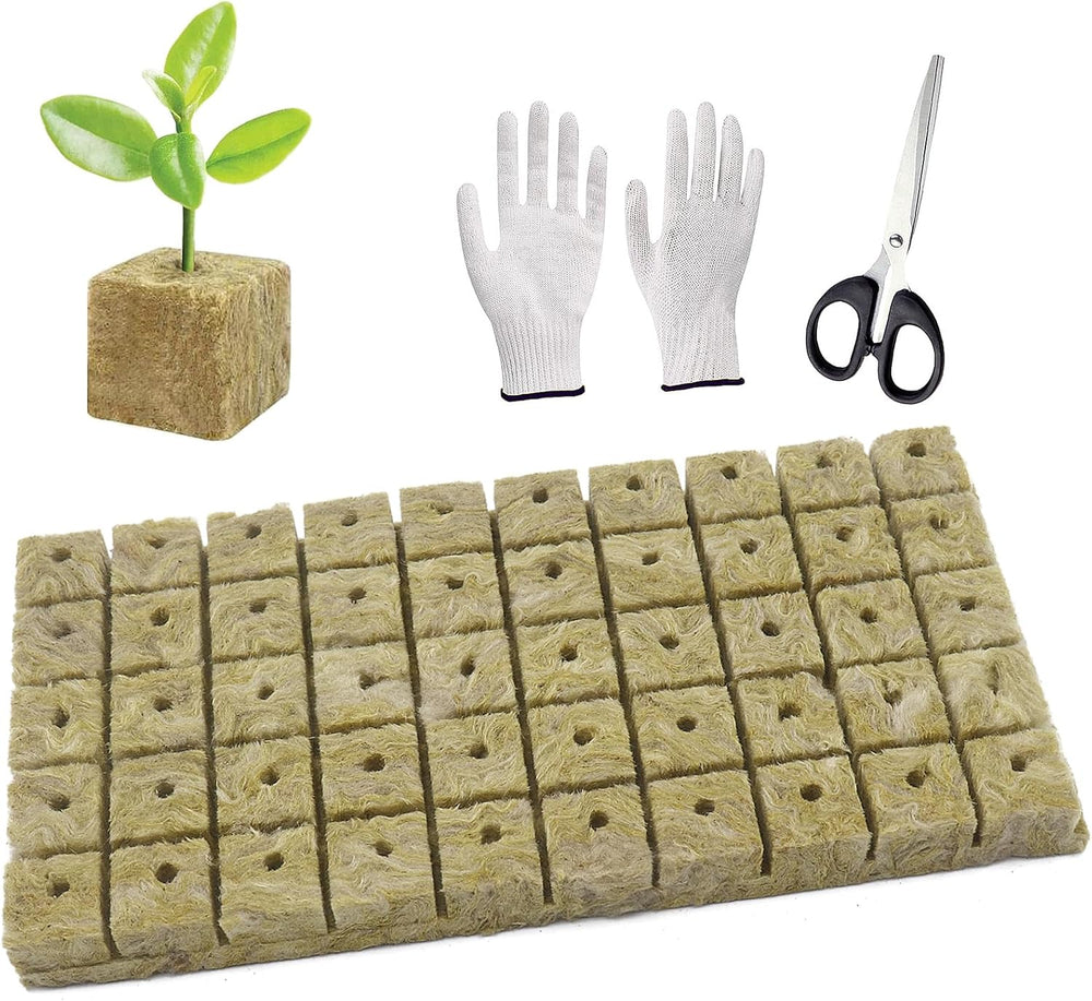 50 de bucăți de covoraș de creștere din vată minerală, cub de vată minerală, izolație din vată minerală, covoraș de creștere din vată minerală cu foarfece și mănuși pentru creștere fără sol, hidroponie și transplantare