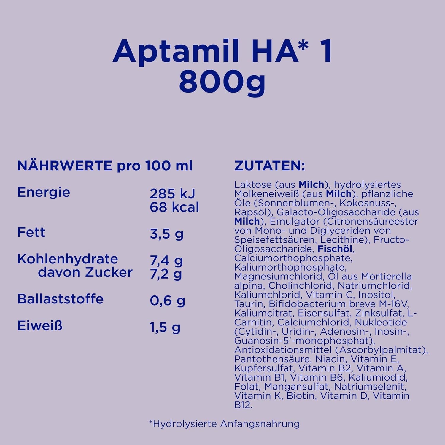 Aptamil HA 1 – Formulă de lapte praf pentru sugari de la naștere, cu DHA, fără lactoză, fără ulei de palmier, hrană pentru bebeluși, lapte praf, 1 x 800 g