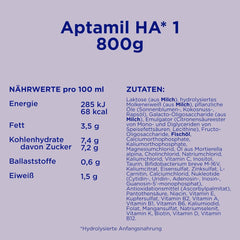 Aptamil HA 1 – Formulă de lapte praf pentru sugari de la naștere, cu DHA, fără lactoză, fără ulei de palmier, hrană pentru bebeluși, lapte praf, 1 x 800 g