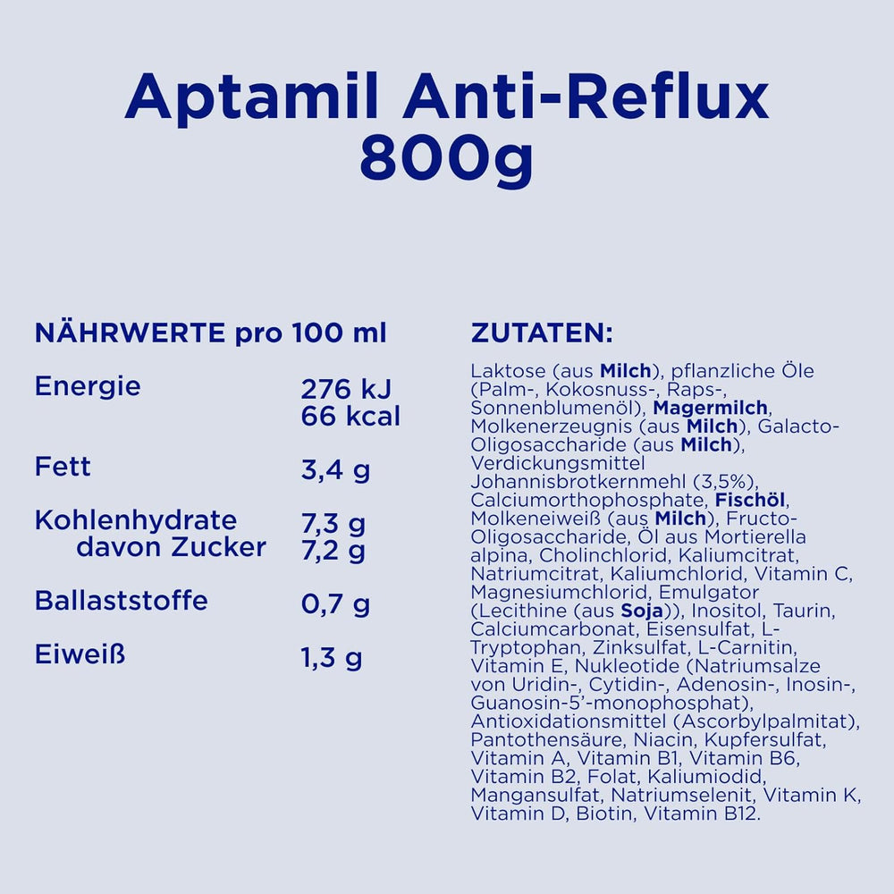 Aptamil Anti-Reflux - Formulă completă de la naștere, pentru gestionarea dietei, pentru vomă și regurgitație, hrană pentru bebeluși, lapte praf, 1 x 800 g
