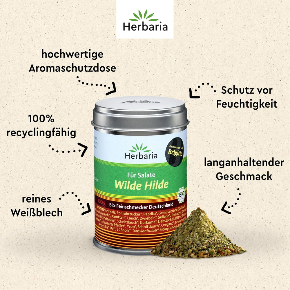 Herbaria Wilde Hilde bio 100g M-Dose- fertige Bio-Gewürzmischung - Salatgewürz für ausgefeilte Salate - mit erlesenen Zutaten - in nachhaltiger Aromaschutz-Dose