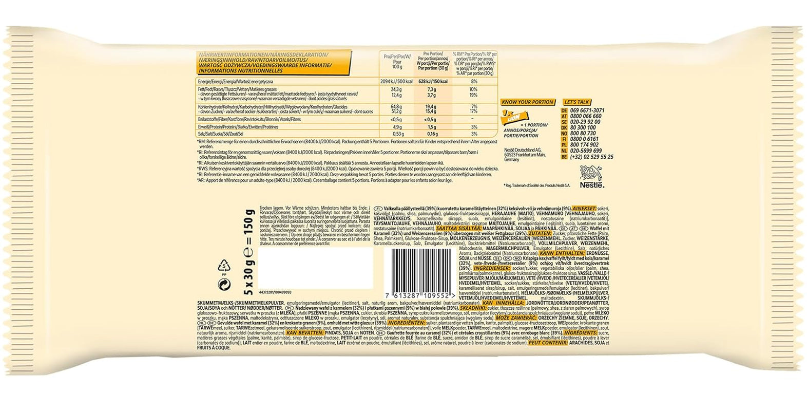 Nestlé LION Multipack, batoane de ciocolată cu glazură albă, umplutură delicioasă de caramel și napolitană crocantă, pachet vrac de bomboane, 1 pachet (5 x 30g)