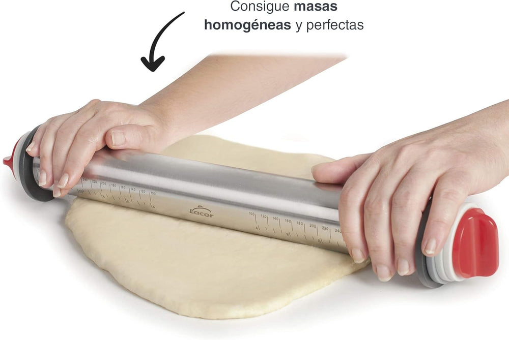 - 67143 - Rolă de bucătărie Amasar, 4 discuri detașabile, oțel inoxidabil, marcaje de măsurare gravate, toate măsurătorile, 41,5 cm, lavabilă în mașina de spălat vase, gri