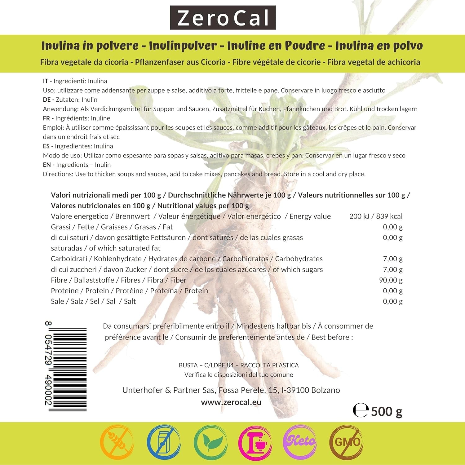 Zerocal - Inulin Pulver Aus Der Chicorée-Wurzel 500 G | Inulin Mit Hohem Ballaststoffgehalt |100% Vegan Und Glutenfrei |Herkunft Deutschland Indulcitori Naty Shop