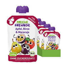 FRECHE FREUNDE Bio Quetschie Apfel, Birne & Maracuja, Fruchtmus mit Obst im Quetschbeutel für Babys ab dem 6. Monat, vegan, 6er Pack (6 x 100g)