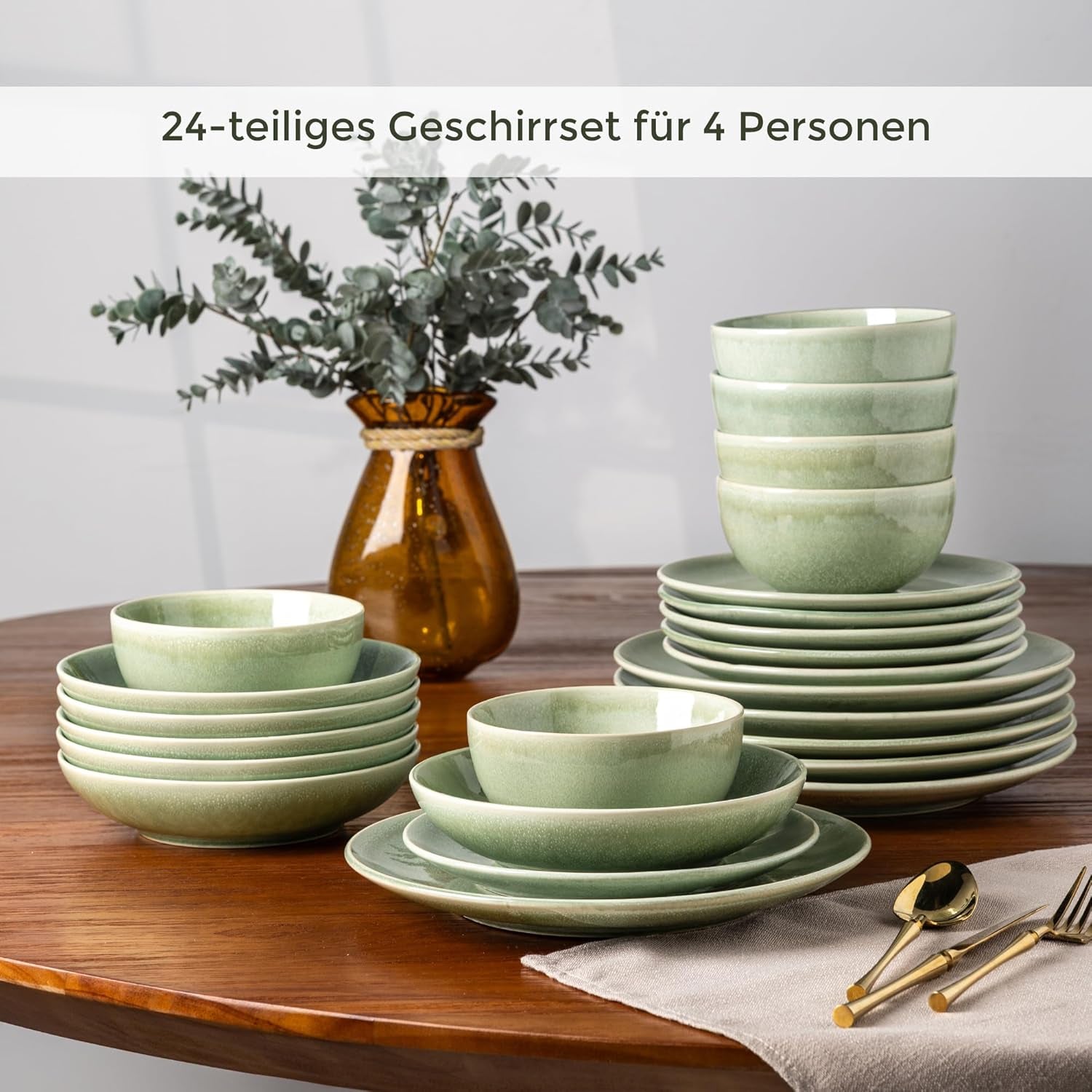 GBHOME Set de veselă ceramică pentru 6 persoane, set de 24 de piese farfurii și boluri pictate manual, vase din gresie rezistente la zgârieturi, potrivit pentru mașina de spălat vase și cuptorul cu microunde