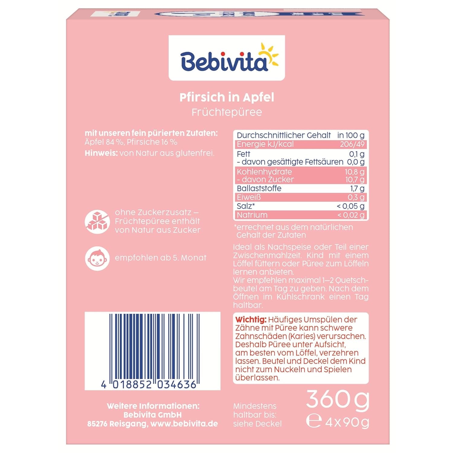 Pliculețe stoarcibile cu piersici și măr – 16 bucăți (4 pachete, 4 x 90 g fiecare), fără zahăr adăugat, fără gluten, vegane, ideale pentru bebeluși de la 5 luni, perfecte pentru luat la pachet