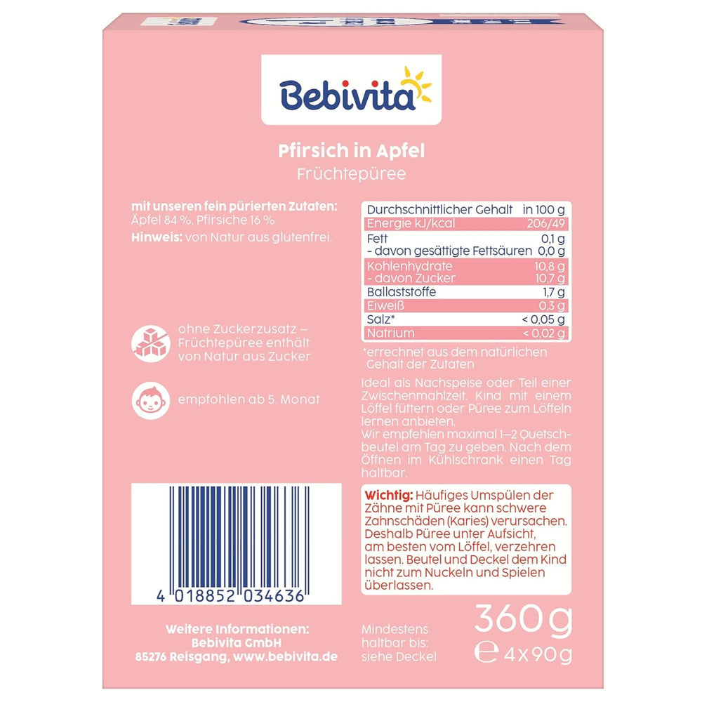 Pliculețe stoarcibile cu piersici și măr – 16 bucăți (4 pachete, 4 x 90 g fiecare), fără zahăr adăugat, fără gluten, vegane, ideale pentru bebeluși de la 5 luni, perfecte pentru luat la pachet