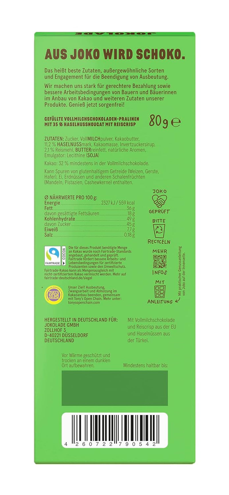 JOKOLADE PRALLINE Pachet Value 12 x 80g | Umplutură generoasă cu cremă de nuga cu alune și chipsuri | Ciocolată echitabilă de la Joko Winterscheidt