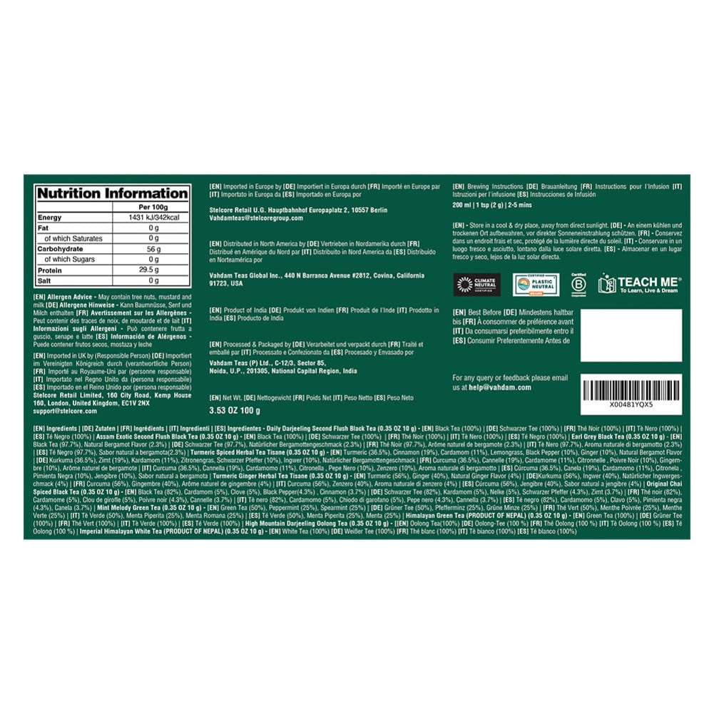 VAHDAM, set cadou cu sortimente de ceai - set de 10 ceaiuri | Ingrediente 100% naturale | Set cadou cu ceai vrac | Ceai negru, ceai verde, ceai Oolong, ceai Chai, ceai alb | Ceai vrac | Set cadou cu set de ceaiuri de probă