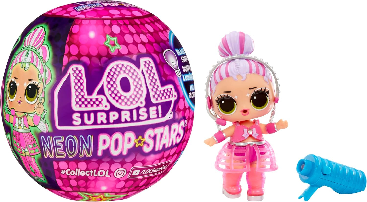 L.O.L. Surprise! Neon Pop Stars Tots - 1 păpușă cu surprize magice cu lumină neagră, ambalaj orb, 7 păpuși de colecționat, fiecare cu autocolante neon și accesorii, cadou pentru copii 4+ Papusi Naty Shop Titlu implicit