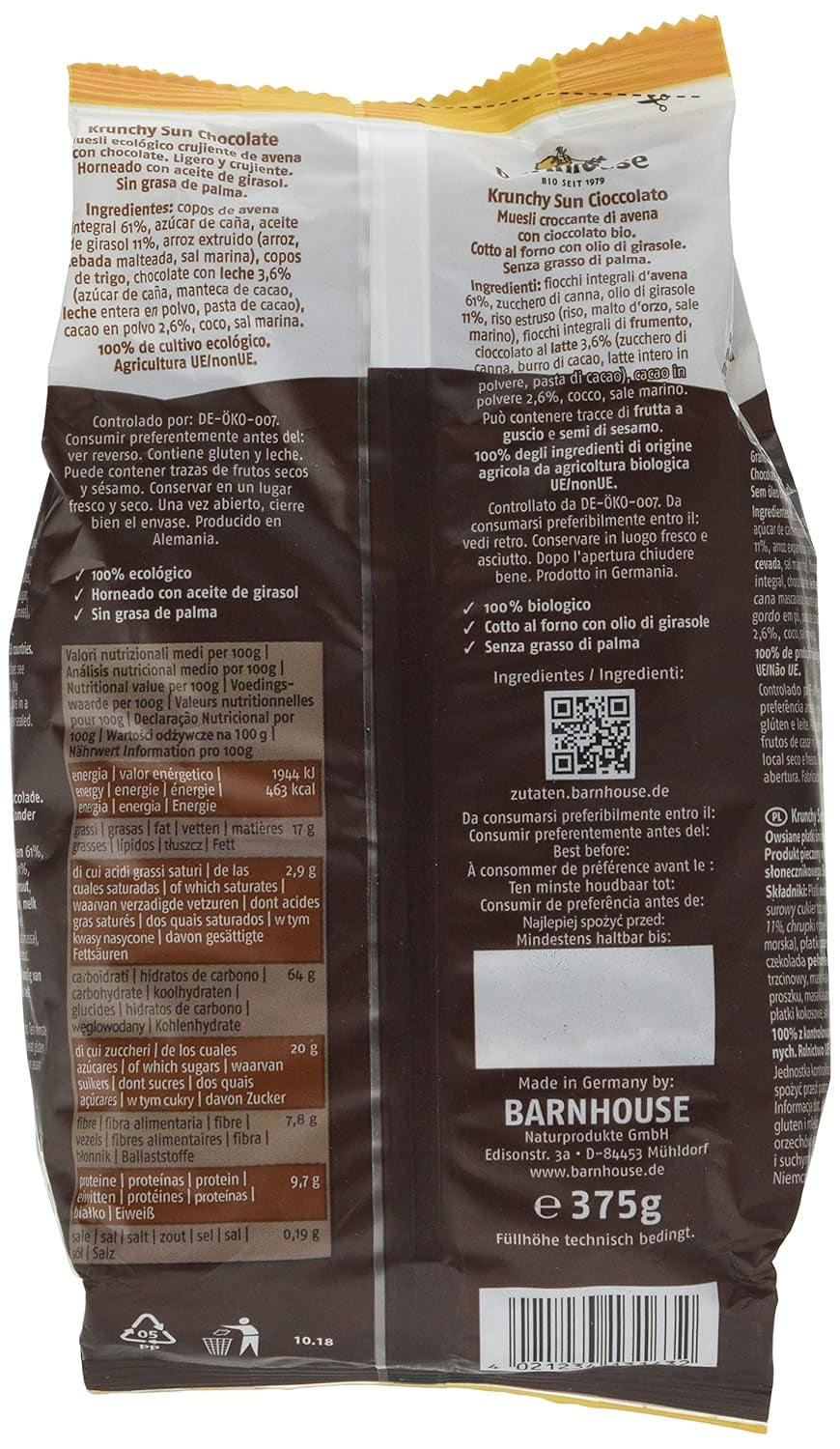 Barnhouse Krunchy Sun | Muesli cu ciocolată | Ecologic | Vegetarian, 375 grame