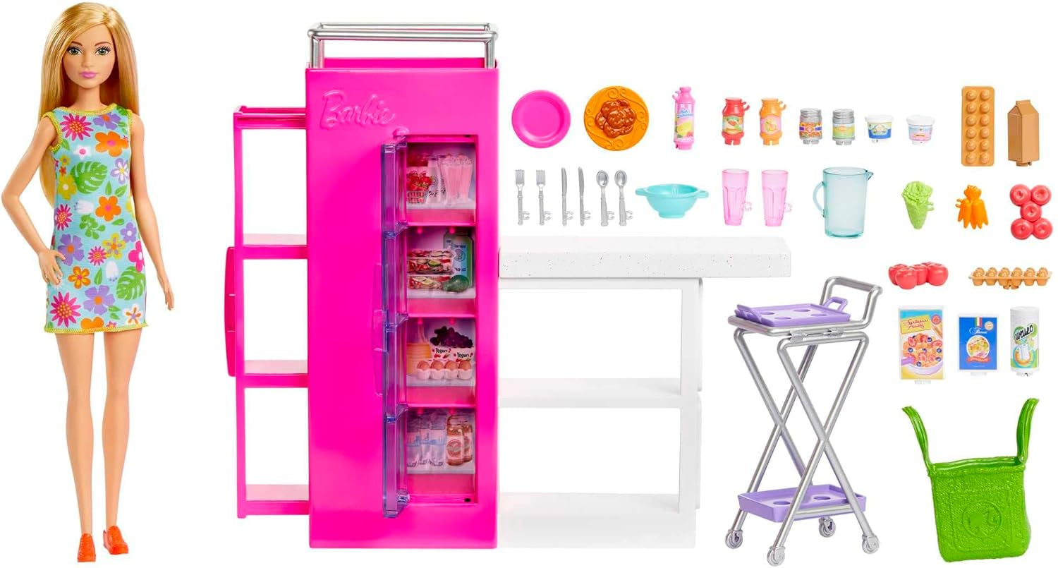 Păpușă Barbie Pantry Playset cu peste 25 de piese și accesorii de bucătărie - Perfectă pentru micii gurmanzi și cadou pentru copii cu vârsta de 3 ani și peste, HJV38