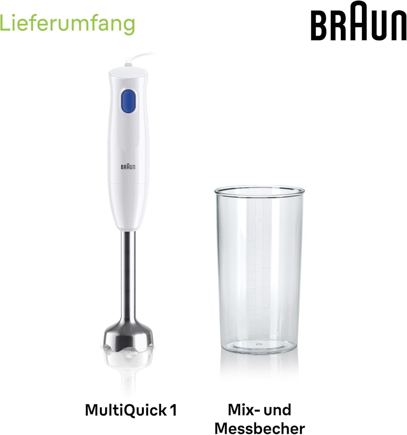 Braun Stabmixer MQ10.001M Multiquick 1 - Extra Leichter Pürierstab Mit Edelstahl-Mixfuß Und Easytwist System, Inkl. 600 Ml Mix- & Messbecher, 450 Watt, Weiß Mama si Copilul Naty Shop