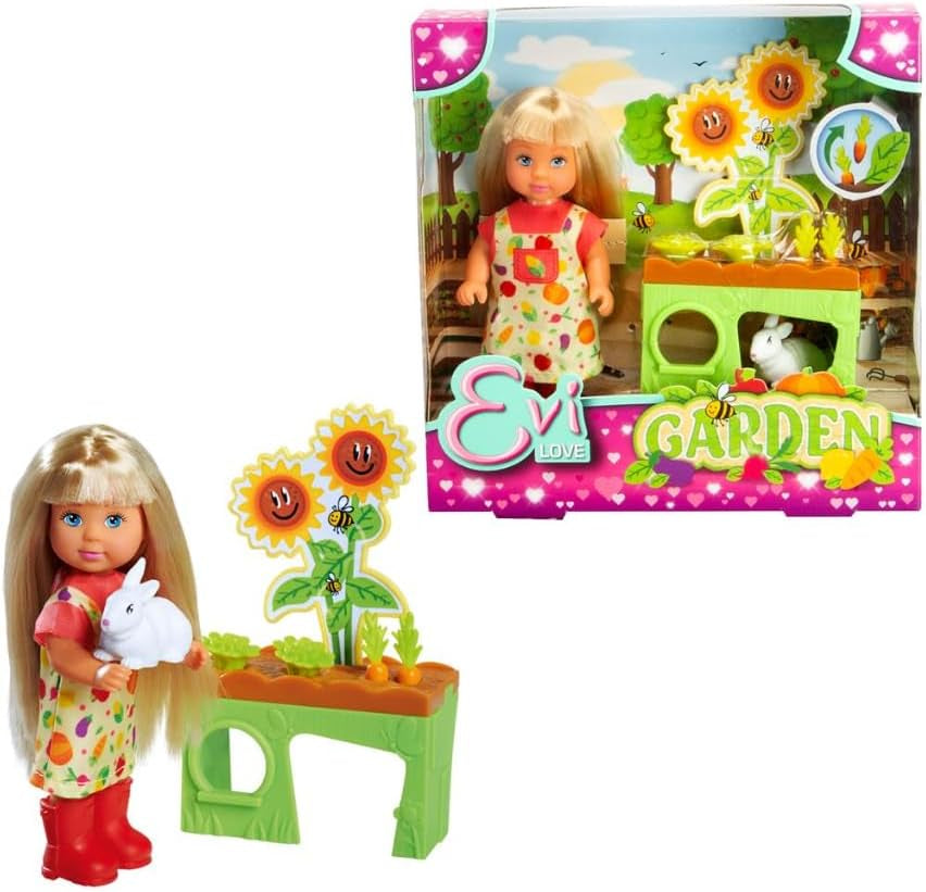 Simba Evi Love Garden, Puppe im Garten mit Hochbeet und Gemüse zum Ernten, inklusive kleinem Hasen, 12cm Spielpuppe, ab 3 Jahren