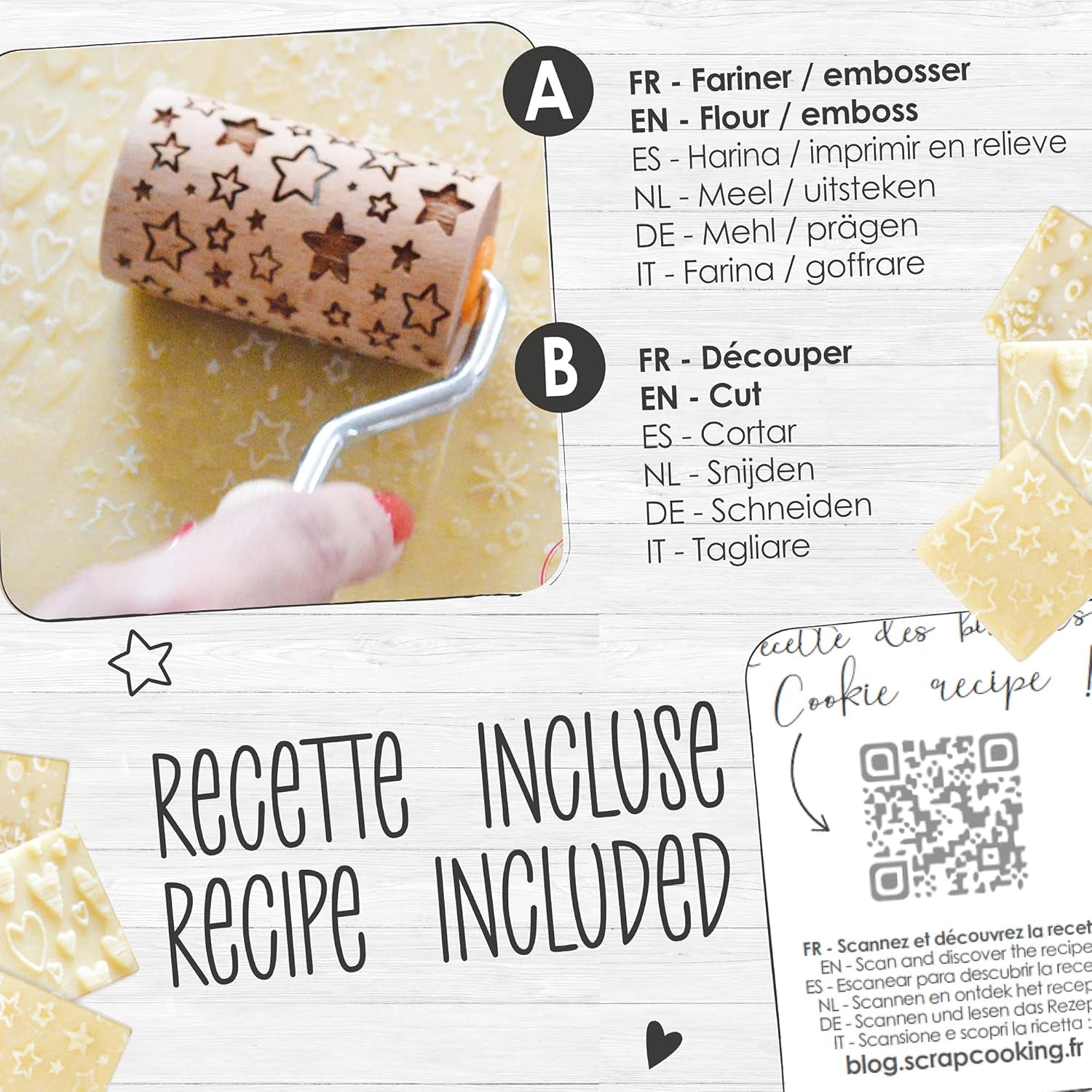 ScrapCooking 3798 Set Rulouri de Biscuiți Crăciun – 3 Mini Rulouri de Biscuiți din Lemn cu Motive – Decorațiuni în Relief – Formă de Biscuiți Sablată