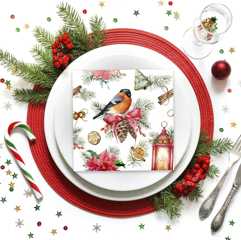 PAW - Șervețele 3 straturi (33 X 33 Cm) I 20 bucăți I Șervețele de hârtie colorate perfecte pentru masa de Crăciun I Șervețele - Crăciun, iarnă, ciulin, lampă I Bullfinch cu lampion