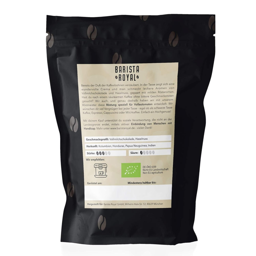 Kaffee für Vollautomat "Barista Royal" – 1kg Bio-Kaffeebohnen – unkomplizierter Genuss für Cafe Crema, Cappuccino und mehr – Perfekt für DeLonghi, Philips, Krups, Jura Vollautomatenkaffee