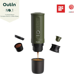 Espressor electric portabil OutIn Nano, aparat de cafea pentru camping, autoîncălzire cu USB-C, compatibil cu cafea măcinată și capsule NS