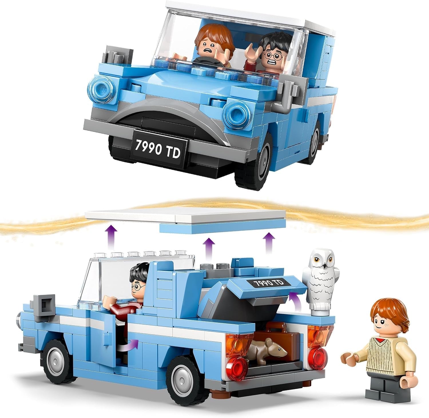 LEGO Harry Potter Flying Ford Anglia, mașină de jucărie construibilă pentru copii, cadou pentru băieți, fete și toți fanii de la 7 ani, set cu 2 mini figurine, inclusiv Ron Weasley, pentru jocuri de rol 76424 Seturi de constructie Besuche den LEGO-Store