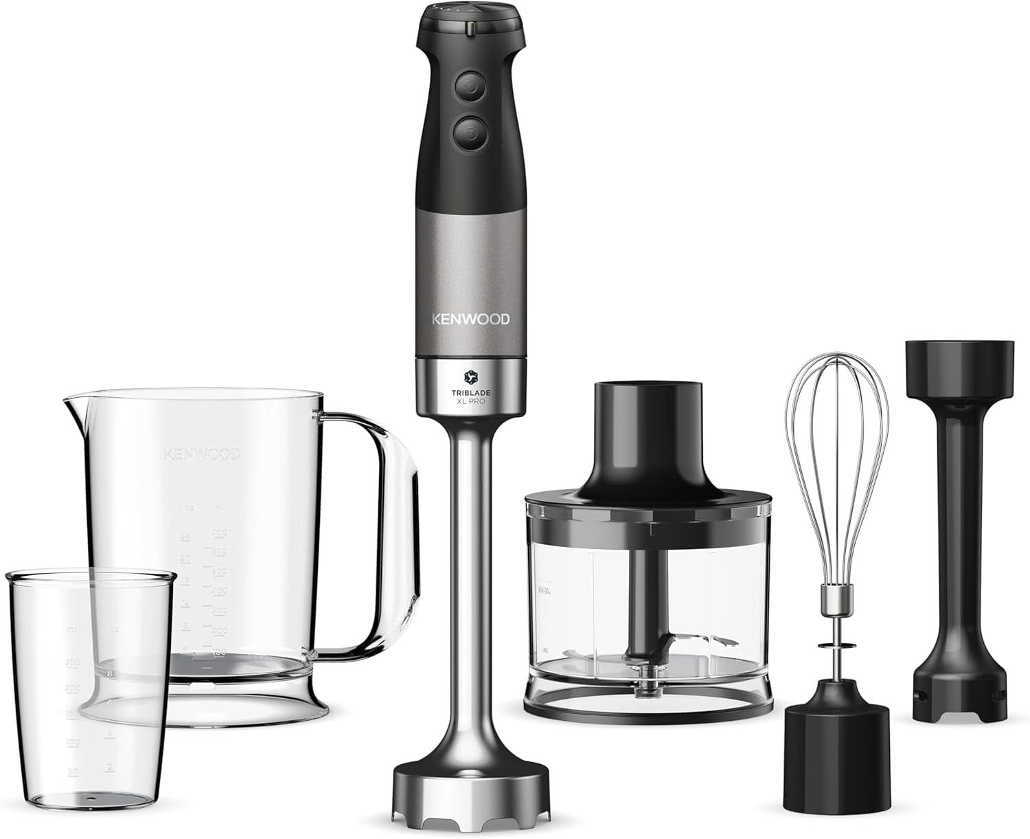 Kenwood Triblade XL Pro Stabmixer HBM80.322BK, 1200W, Variable Geschwindigkeiten, Edelstahl(Pürierfuß), Schneebesen, Emulgieraufsatz, 500Ml Zerkleiner, 700 & 250Ml Becher, Spülmaschinenfeste Teile Bucatarie Naty Shop Schwarz Hbm80.322Bk
