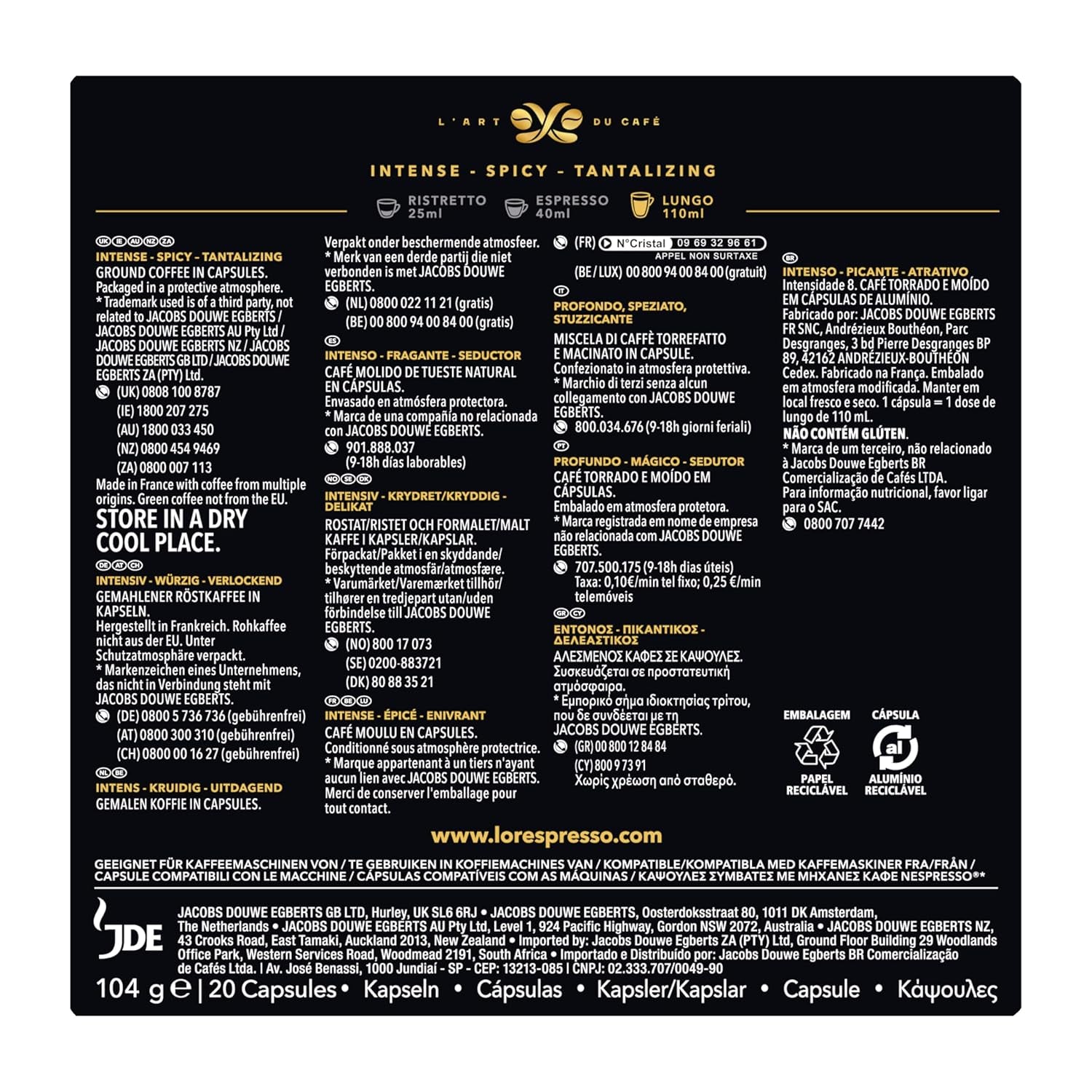 L'OR Espresso Koffiecups Lungo Profondo (200 Lungo Koffie Capsules, Geschikt voor Nespresso* Koffiemachines, Intensiteit 08/12, 100% Arabica Koffie, UTZ Gecertificeerd), 10 x 20 Cups