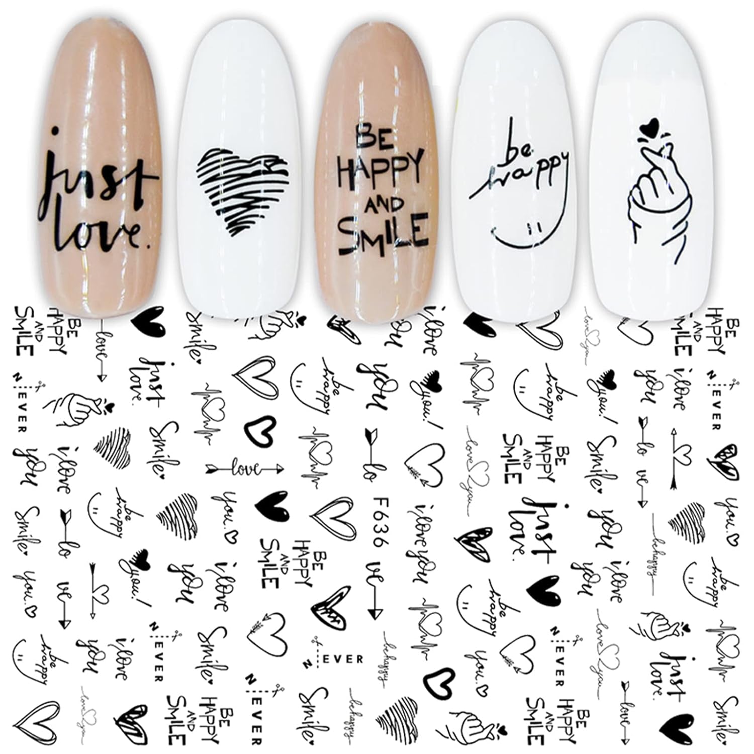 JMEOWIO Nagelsticker Geometrie 10 Blatt Nagelaufkleber Selbstklebend Schwarzes Herz Unregelmäßig Geformt Nail Art Sticker Dekoration Nageldesign Zubehör