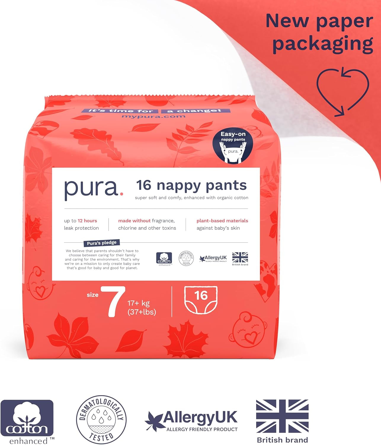 Chiloți ecologici, mărimea 7 (17 kg+), 16 bucăți, lenjerie intimă de unică folosință pentru piele sensibilă și alergică, fără parfum, extragere laterală