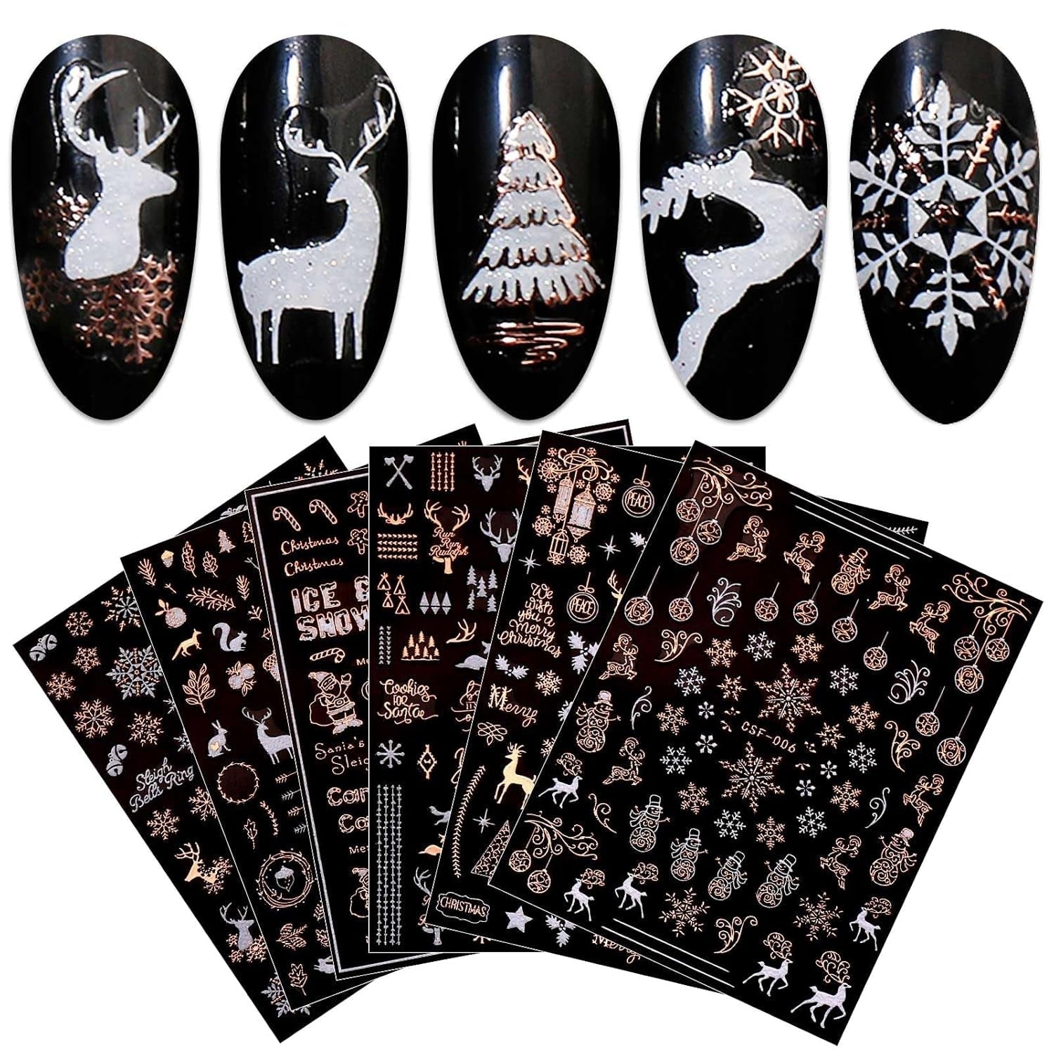 JMEOWIO Nagelsticker Weihnachten 9 Blatt Nail Art Sticker Selbstklebend Nagelaufkleber Schneeflocke Schneemann Festival Weißes Gold Dekoration Nageldesign Zubehör