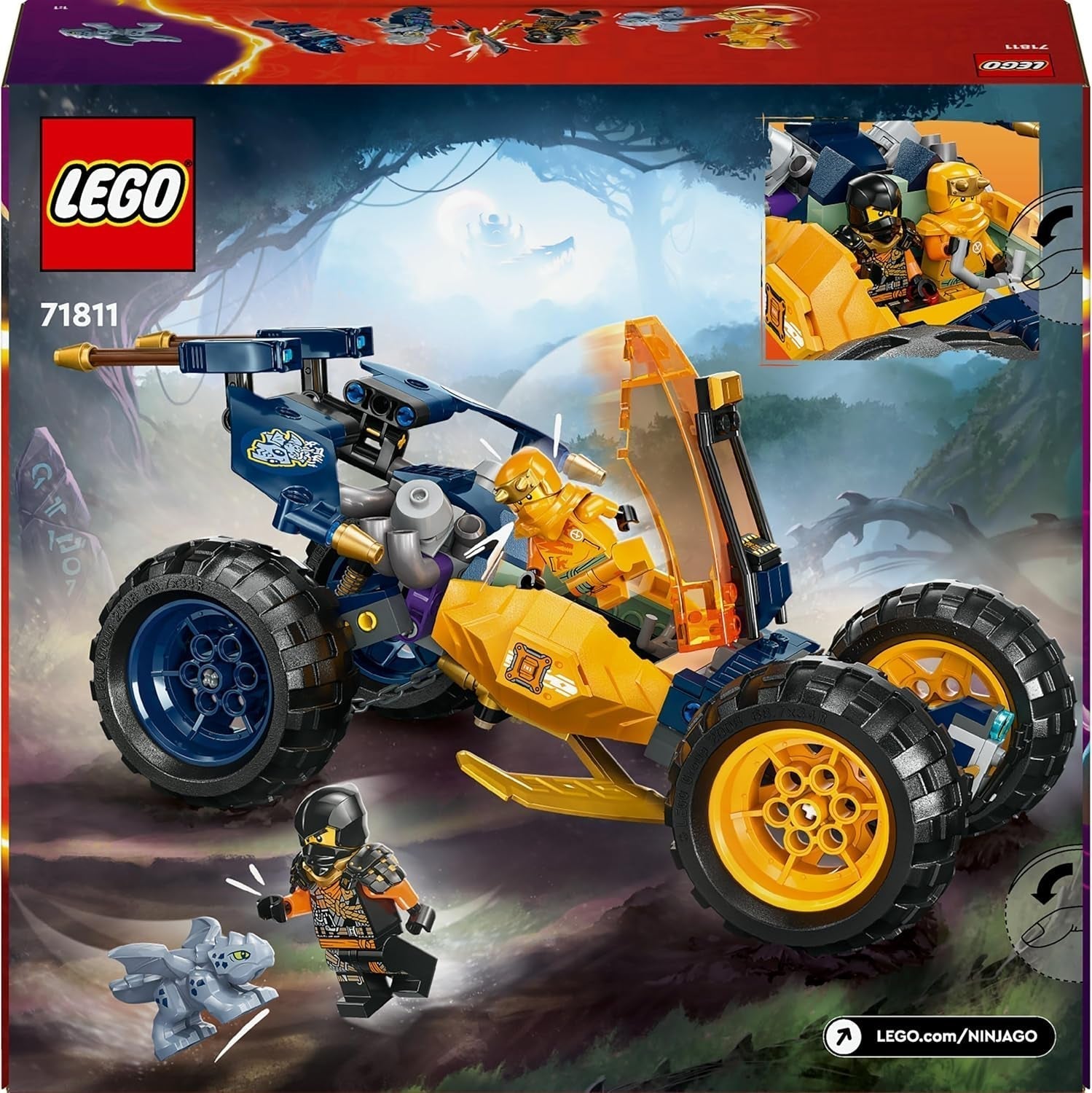 LEGO NINJAGO Arin's Ninja Off-Road Buggy, jucărie ninja cu mașină, dragon și 4 mini figurine, set de aventură cu model Buggy pentru copii, cadou de ziua de naștere pentru băieți și fete de la 7 ani 71811 Seturi de constructie Besuche den LEGO-Store