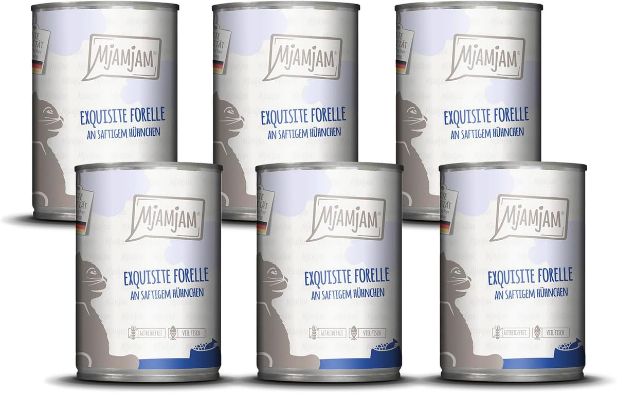 MjAMjAM - Hrană umedă premium pentru pisici - păstrăv rafinat cu pui suculent, pachet de 6 (6 x 400g), fără cereale