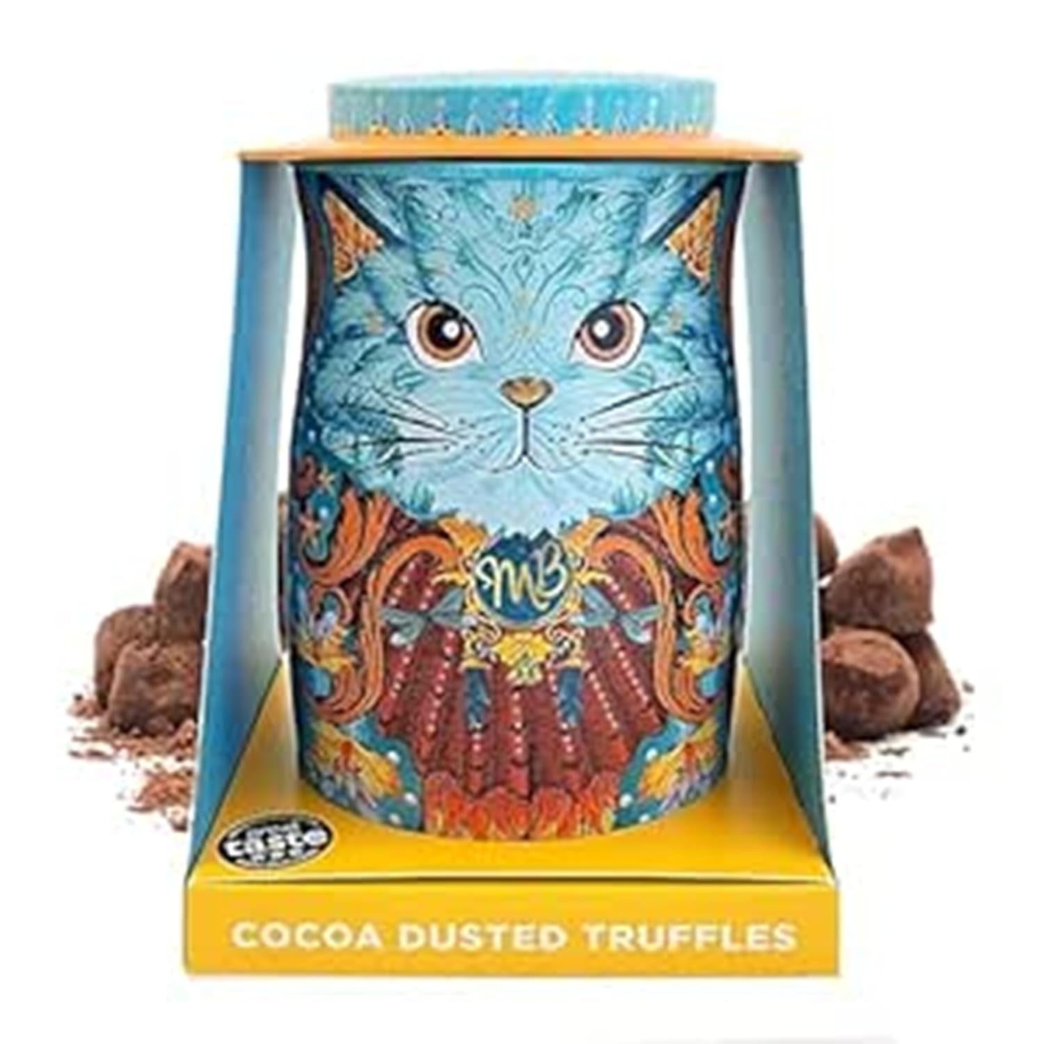Trufe de ciocolată Monty Bojangles Savanna Gold (135g) pudrate cu cacao, praline, set cadou într-o cutie individuală de colecție cu design de pisică, aromă de scotch Flutter